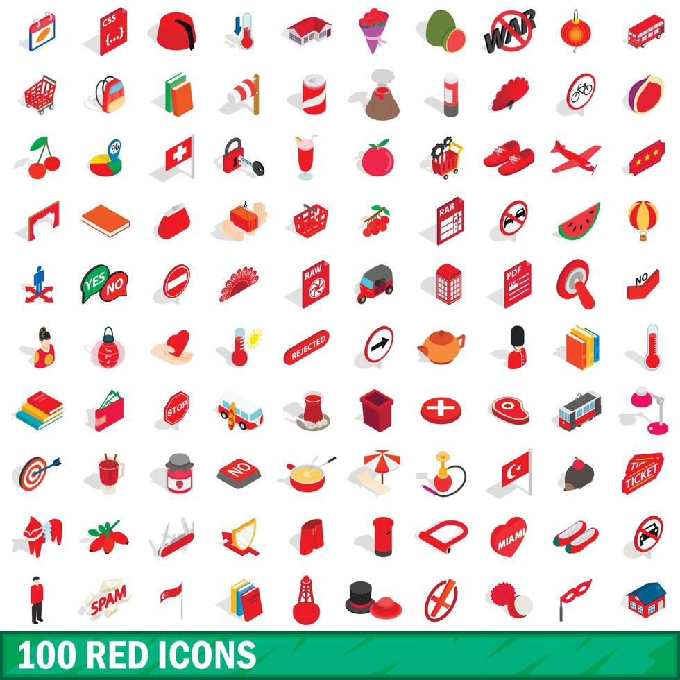 100 red icons set, isometric 3d style vector