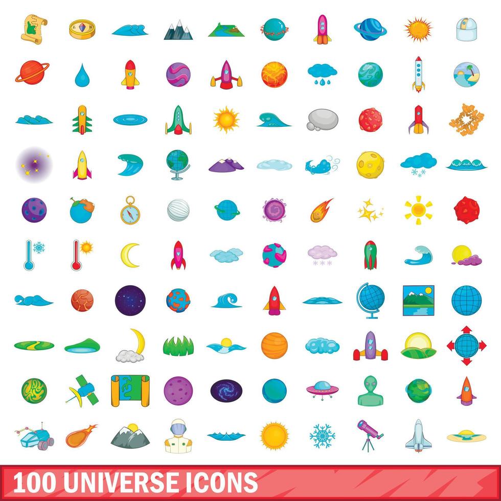 100 universe icons set, cartoon style vector