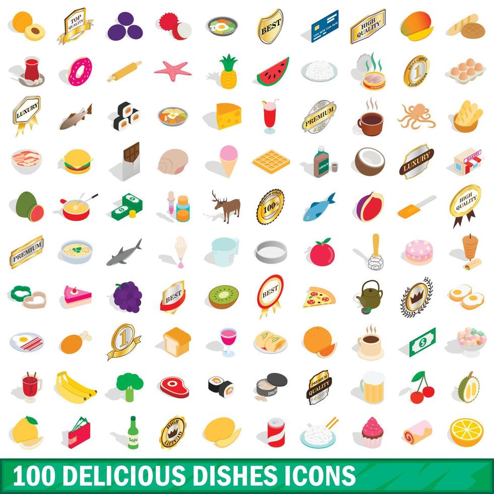 100 delicious dishes icons set, isometric 3d style vector