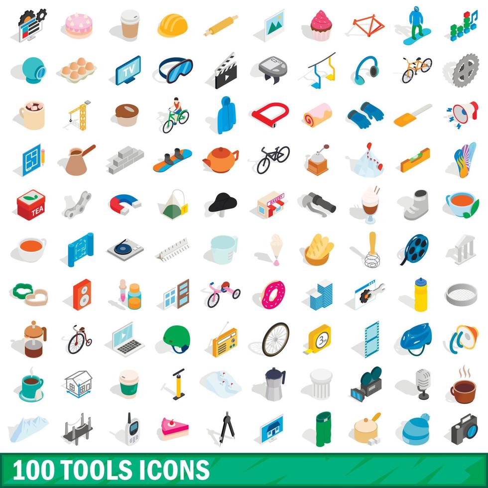 100 herramientas, conjunto de iconos de estilo 3D isométrica vector