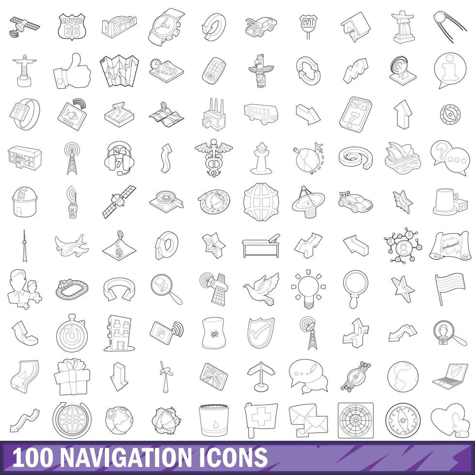 100 navigation icons set, outline style vector