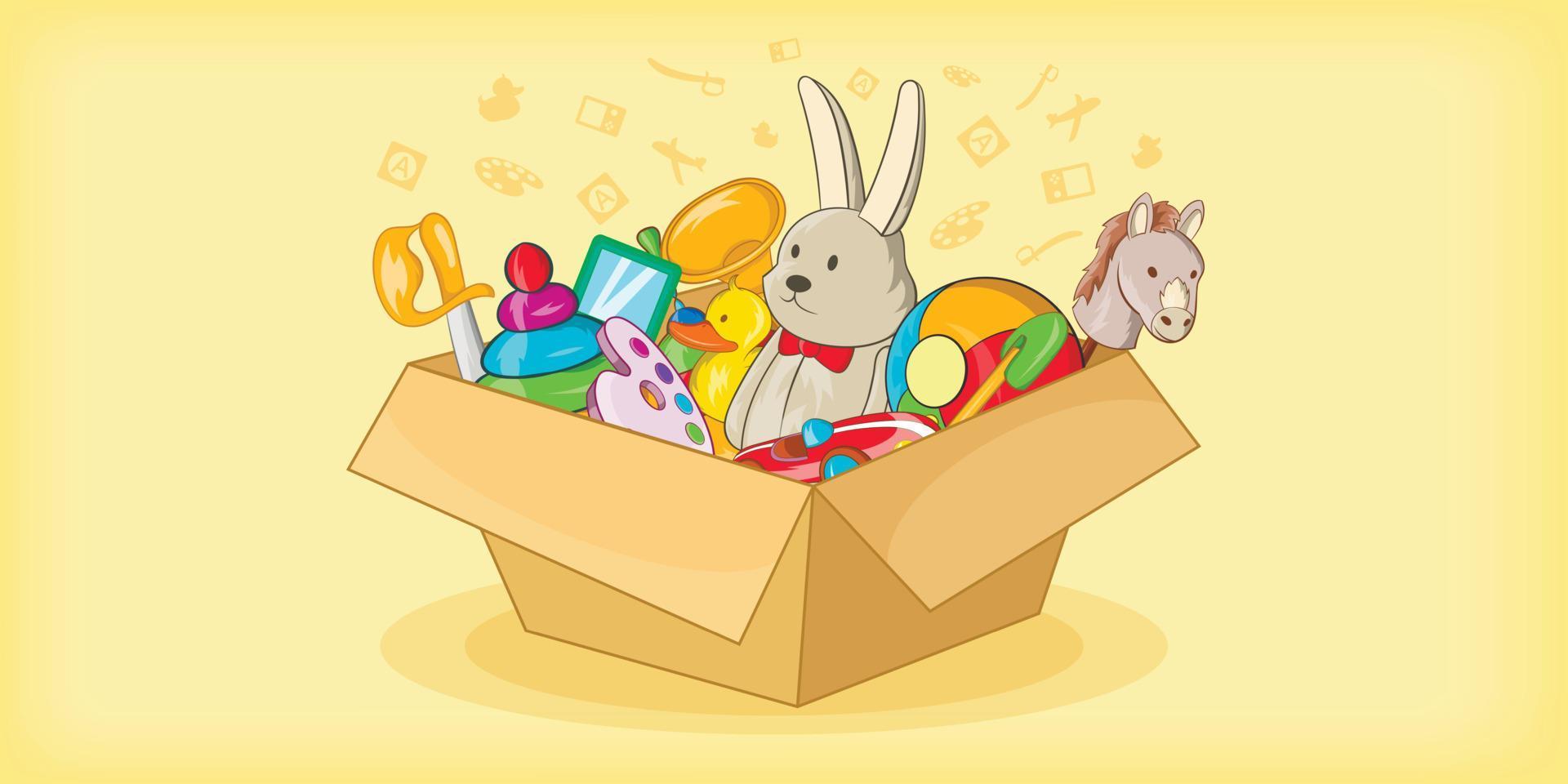 Box with toys horizontal banner, cartoon style vector