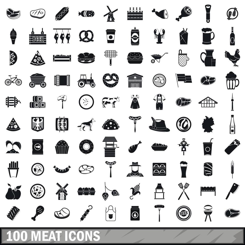 100 meat icons set, simple style vector