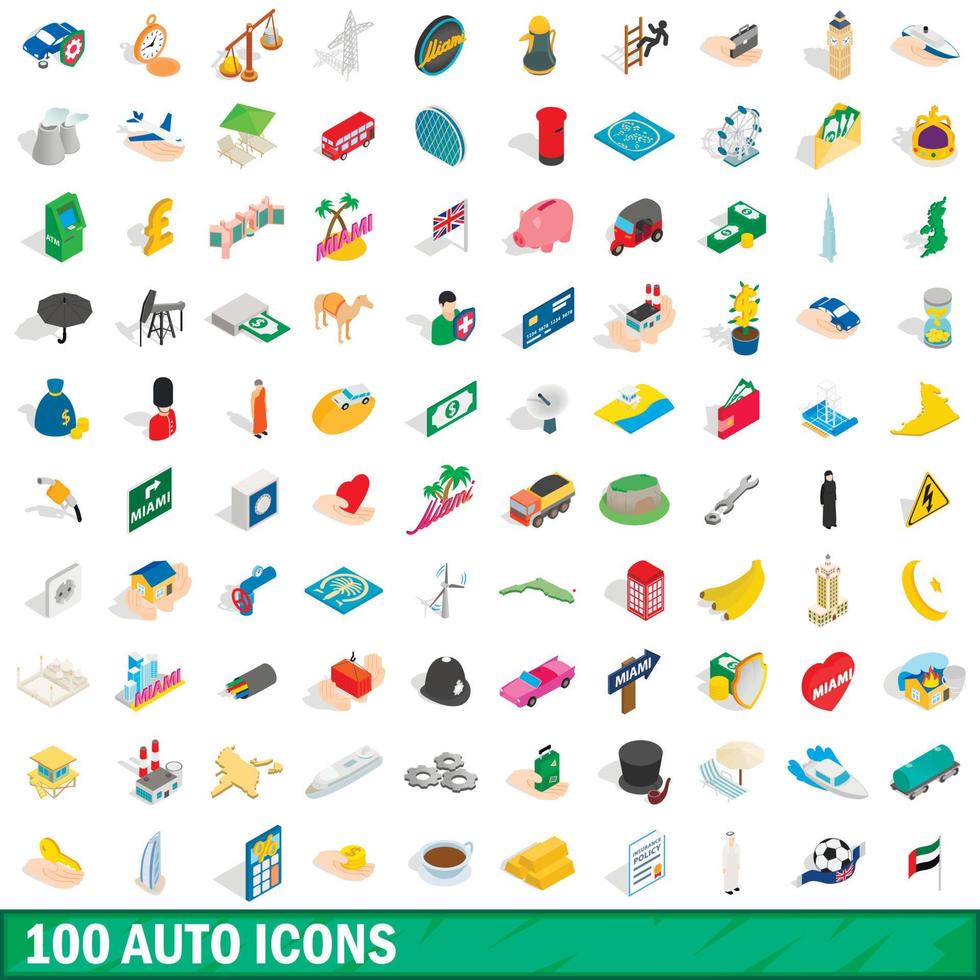 100 auto icons set, isometric 3d style vector