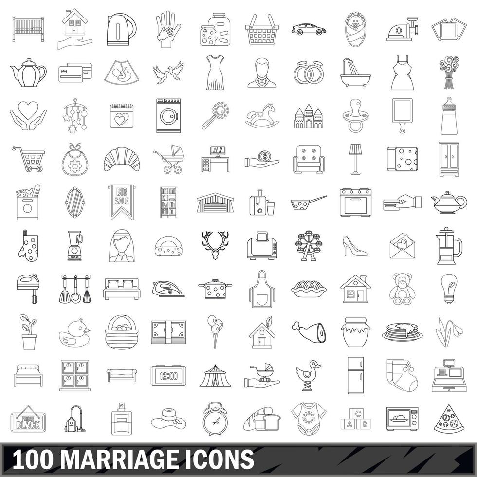 100 marriage icons set, outline style vector