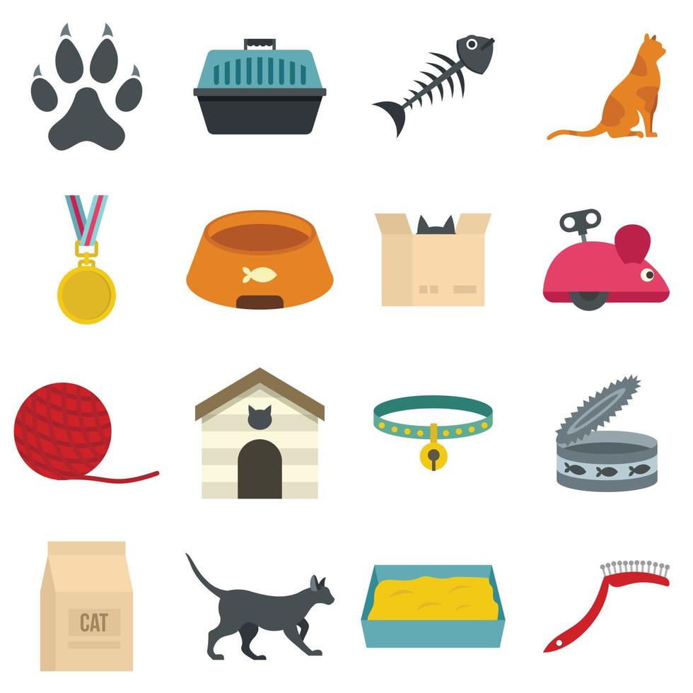 iconos de herramientas de cuidado de gatos establecidos en estilo plano vector