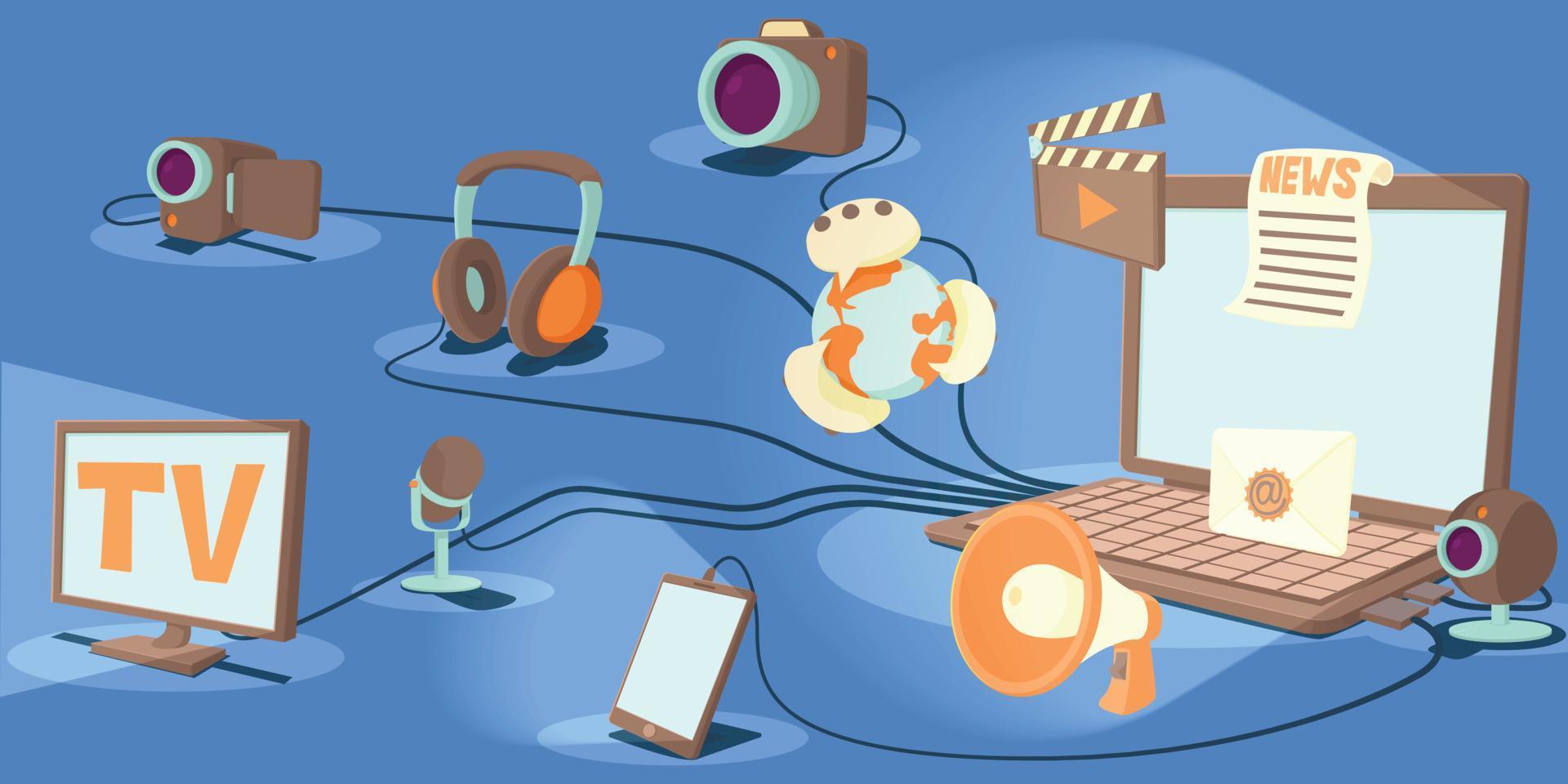 Media horizontal banner channels, cartoon style vector