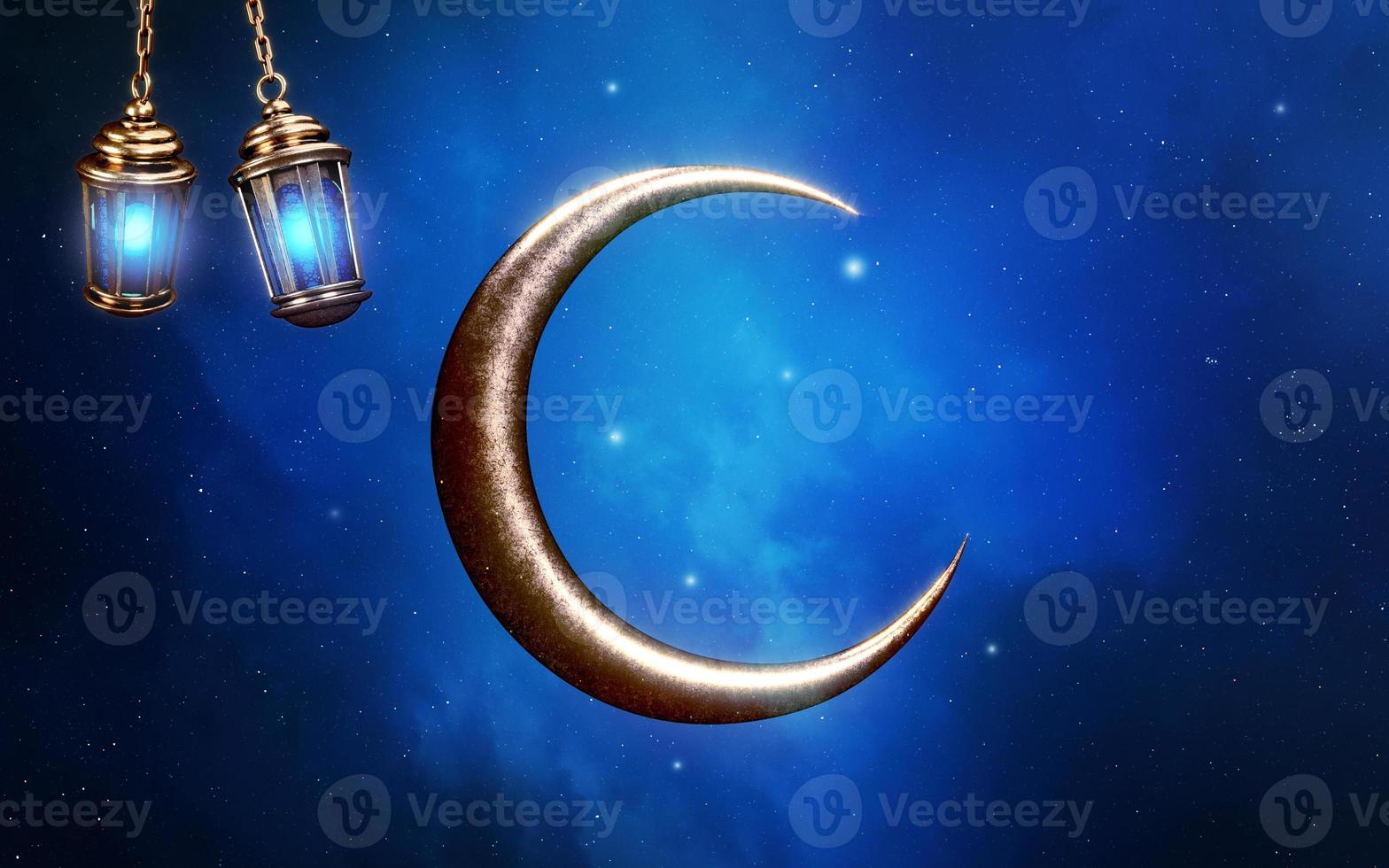 Eid Ramadan Islamic Background empty blue galaxy crescent lamp lantern photo