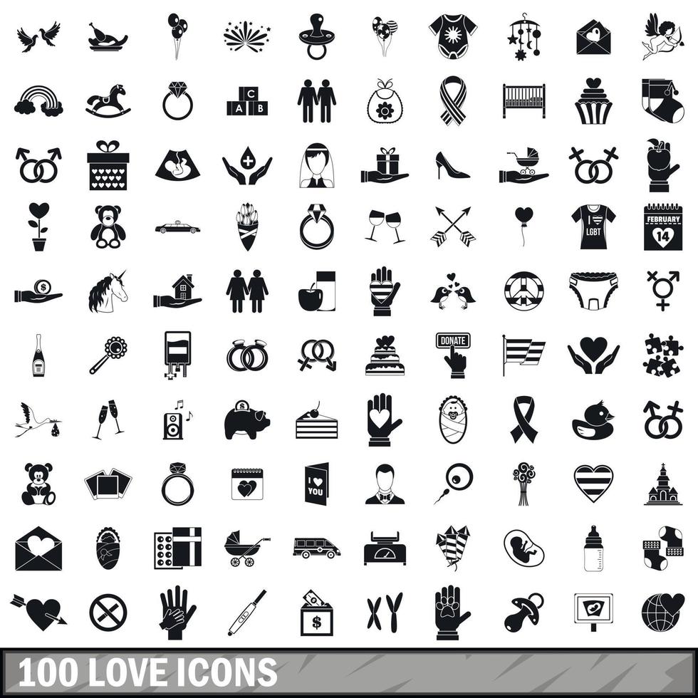 100 iconos de amor, estilo simple vector