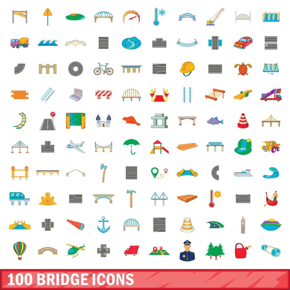 100 bridge icons set, cartoon style vector