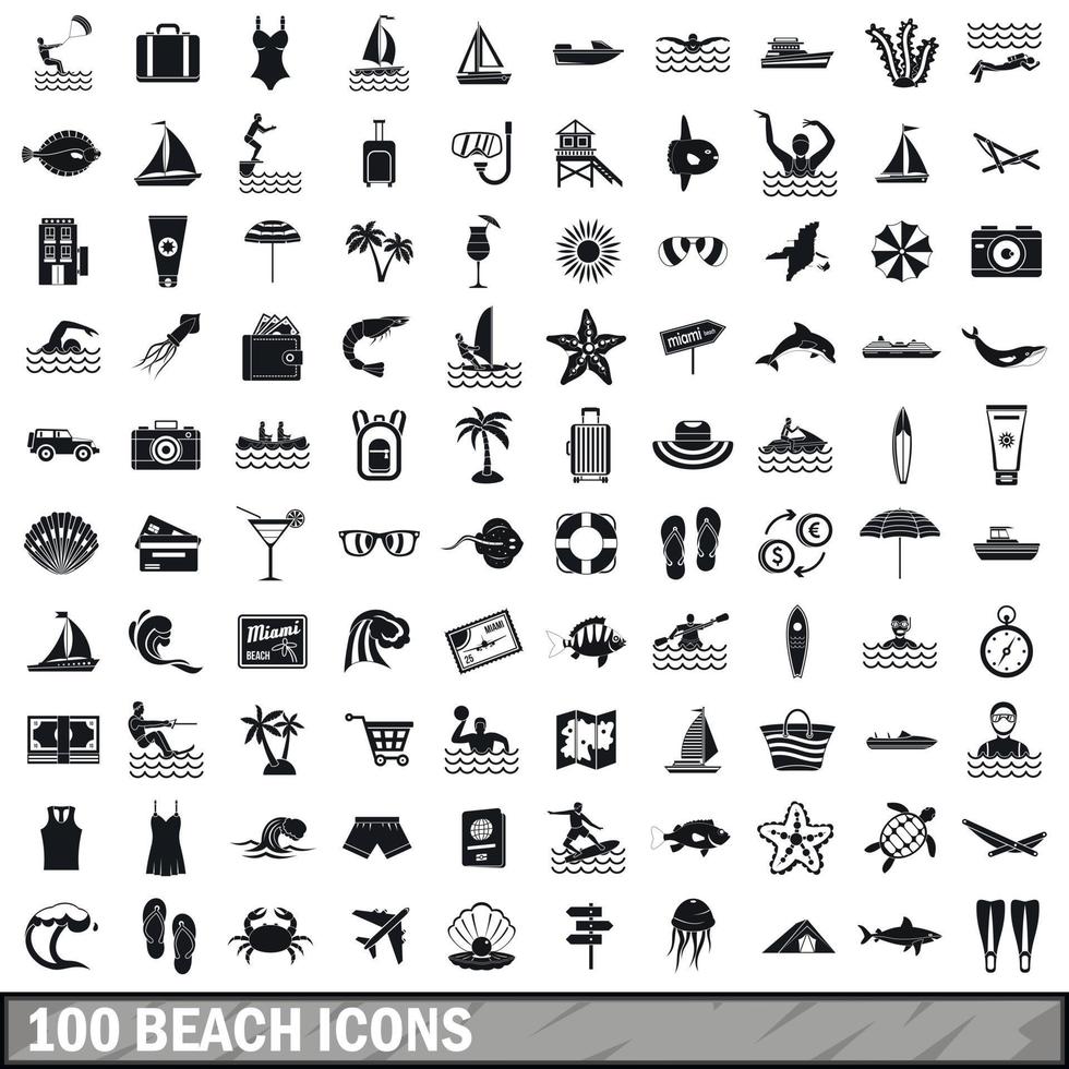 100 beach icons set, simple style vector