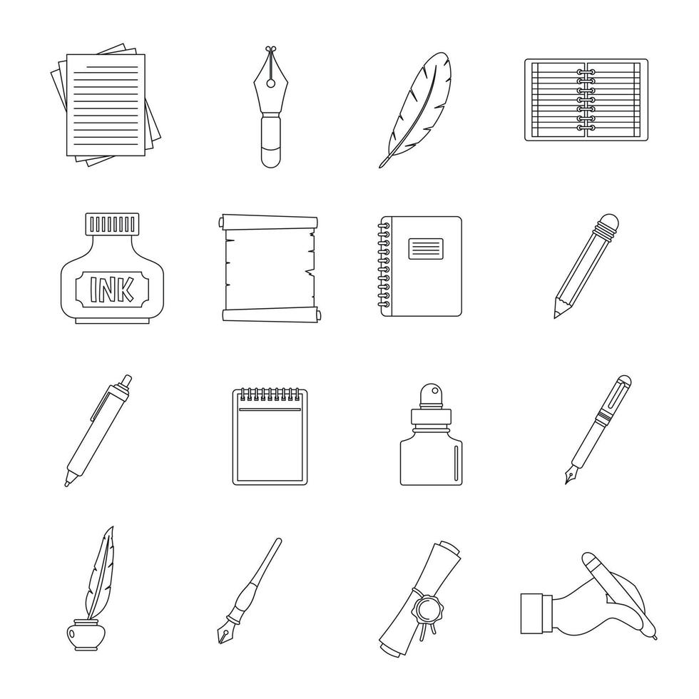 Writing icons set items, outline style vector