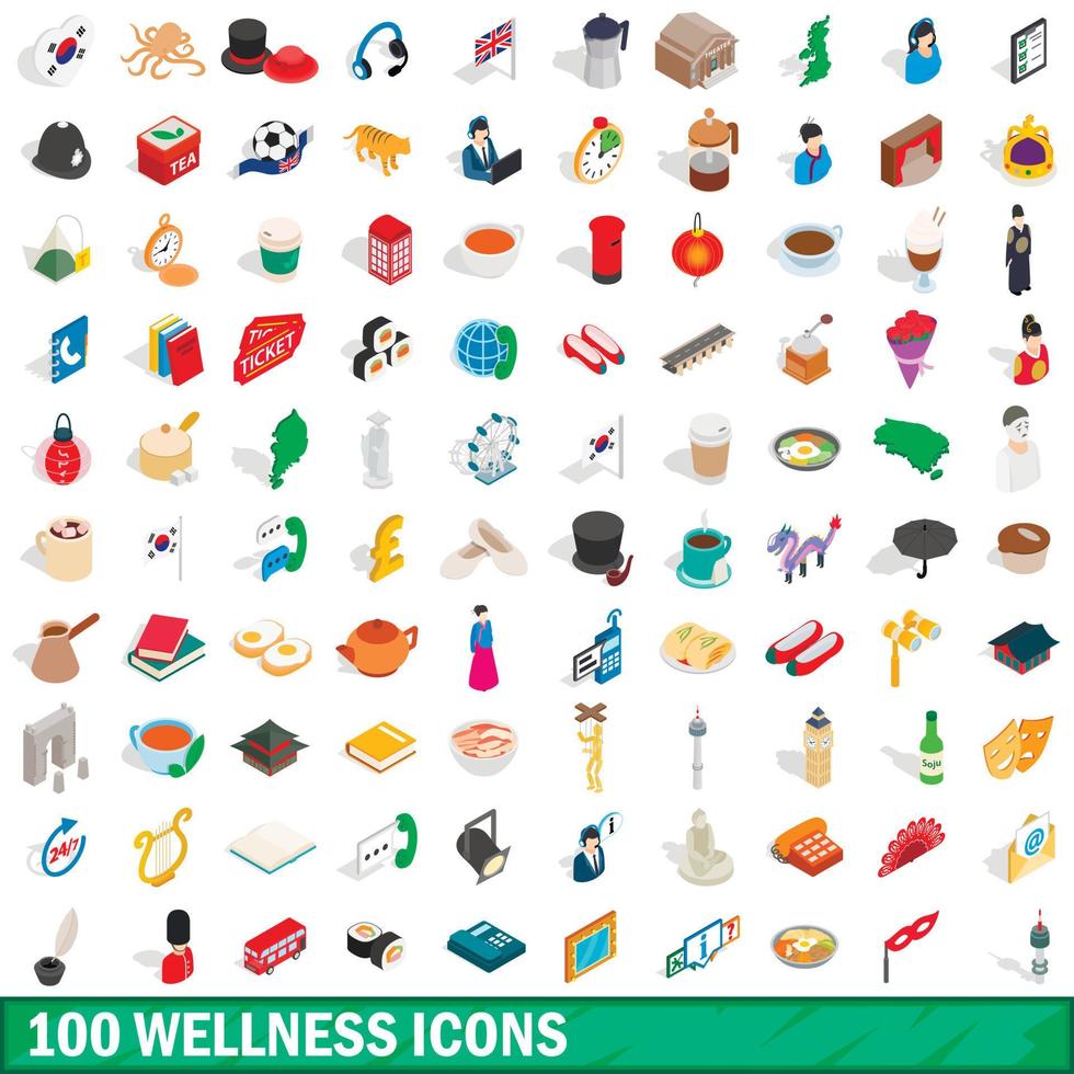 100 wellness icons set, isometric 3d style vector