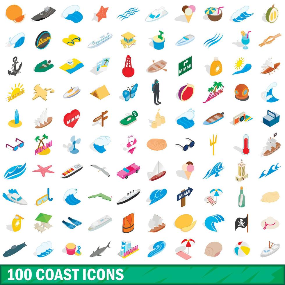 100 iconos de costa, estilo isométrico 3d vector