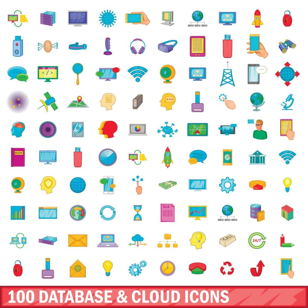 100 base de datos y conjunto de iconos de nube, estilo de dibujos animados vector