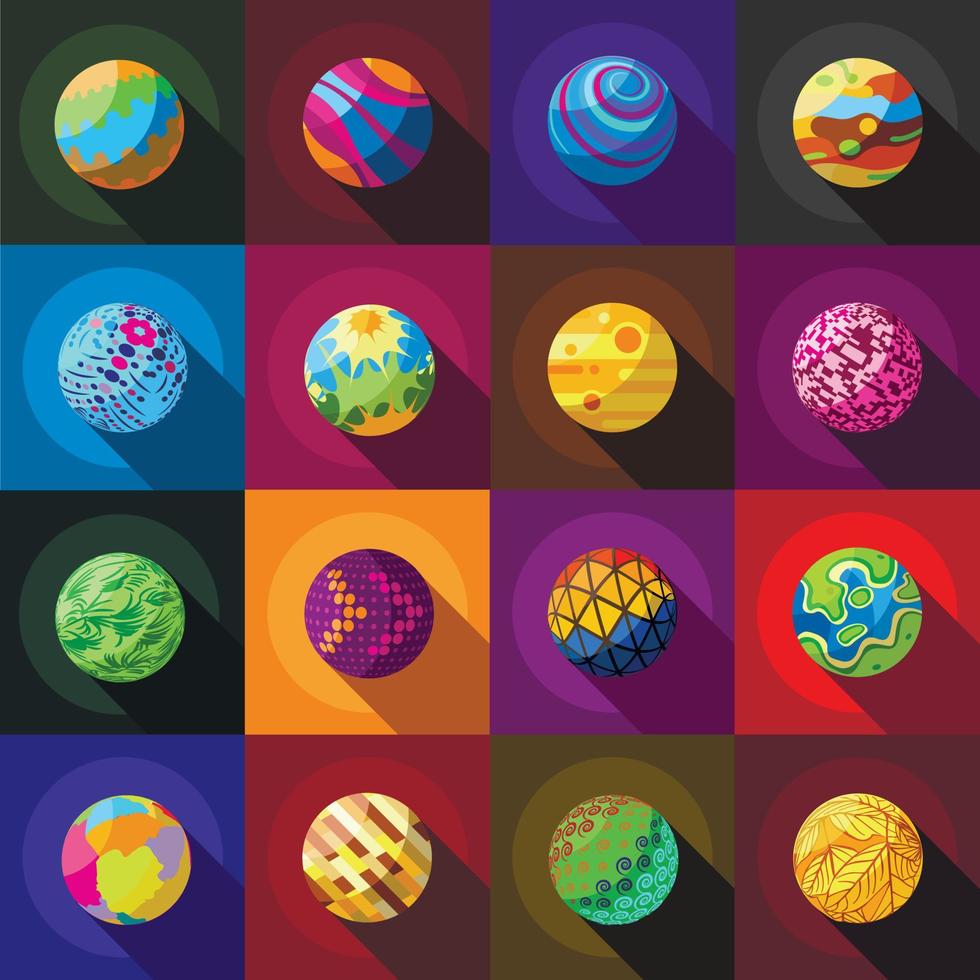 Conjunto de iconos de planetas coloridos fantásticos, tipo plano vector