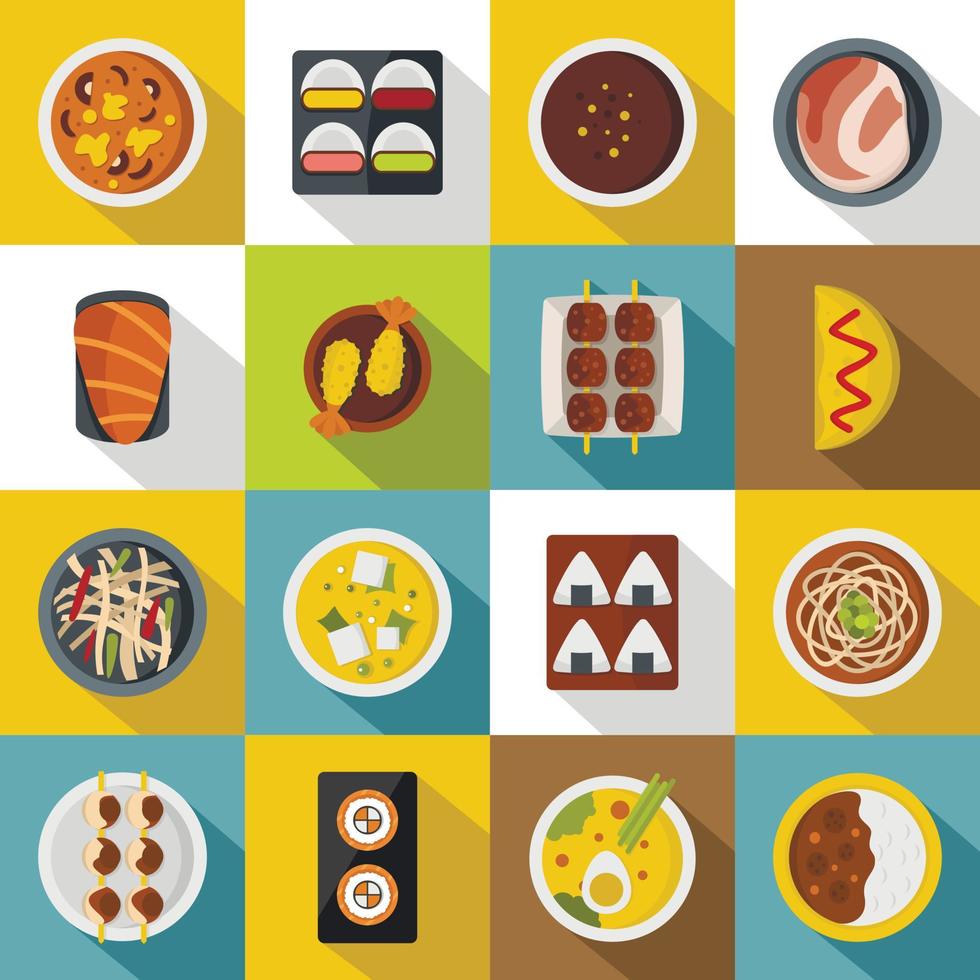 Japan food icons set, flat style vector