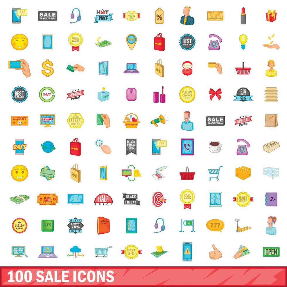 100 sale icons set, cartoon style vector