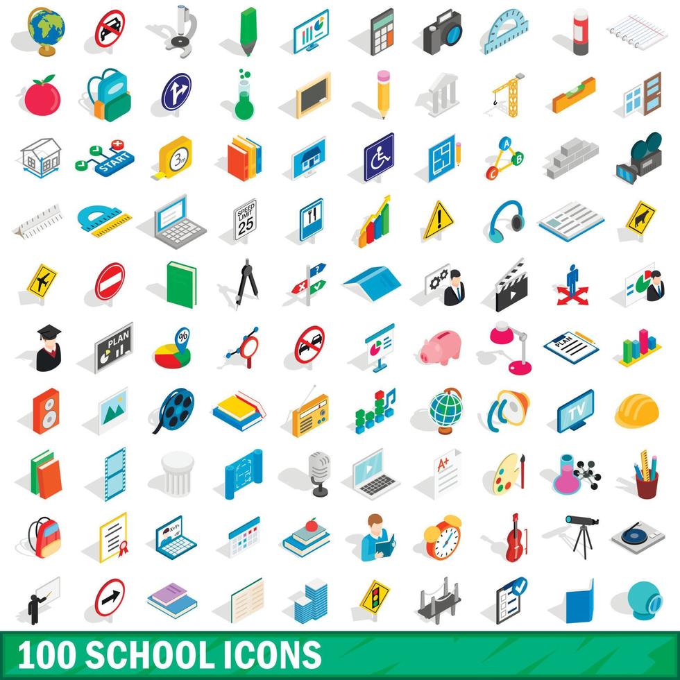 100 school icons set, isometric 3d style vector