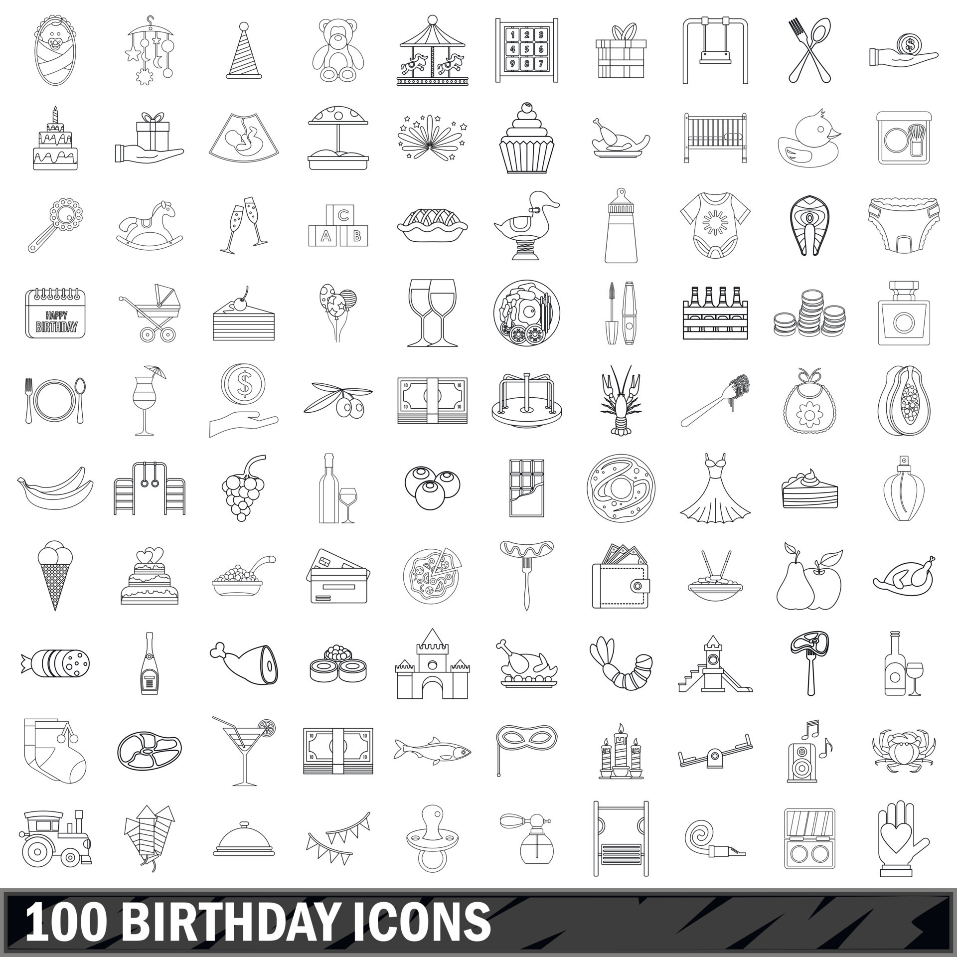 100 birthday icons set, outline style 8252579 Vector Art at Vecteezy