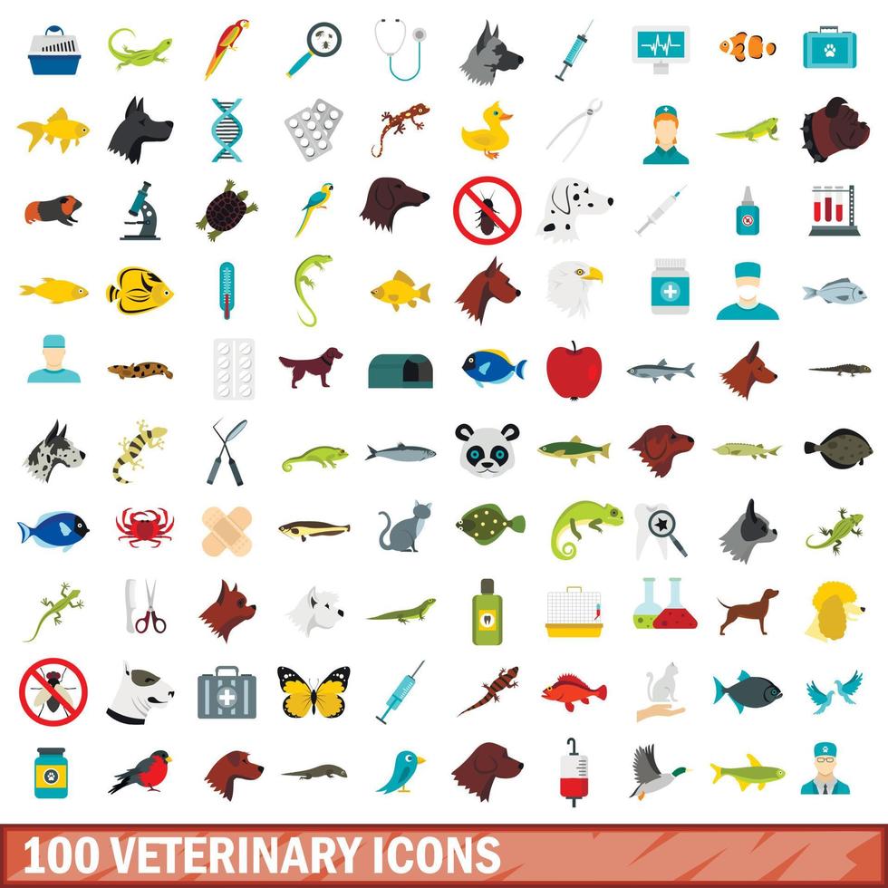 100 veterinary icons set, flat style vector