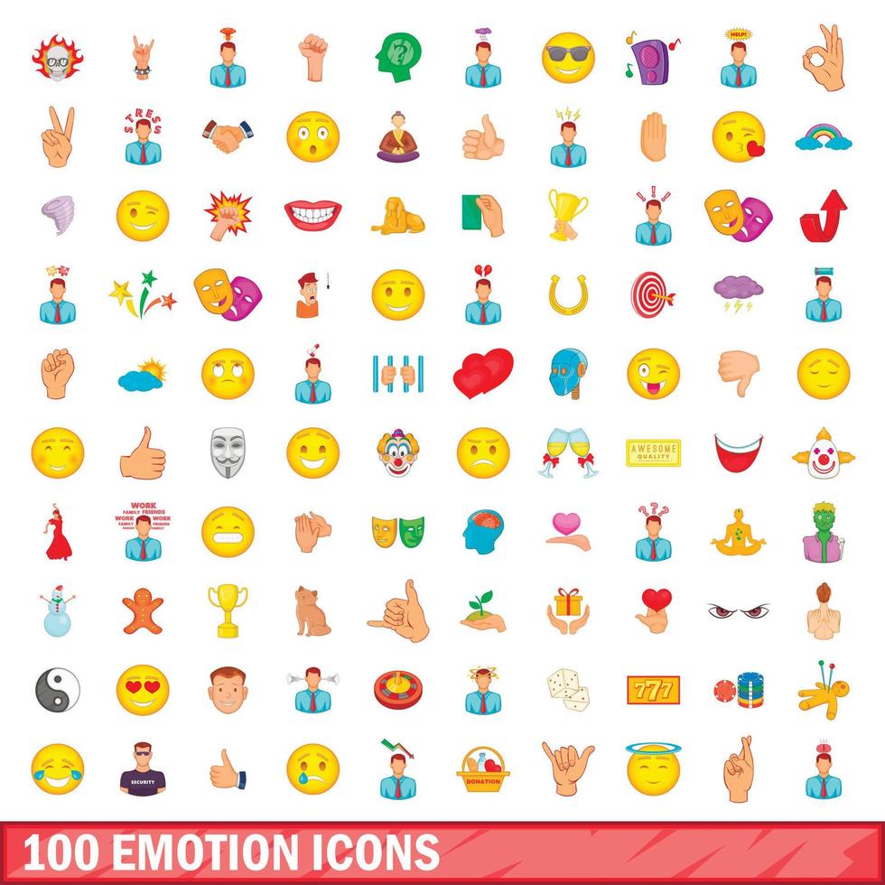 100 emotion icons set, cartoon style vector