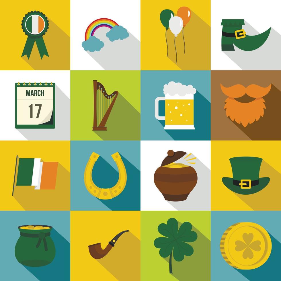 Saint Patrick icons set, flat style vector