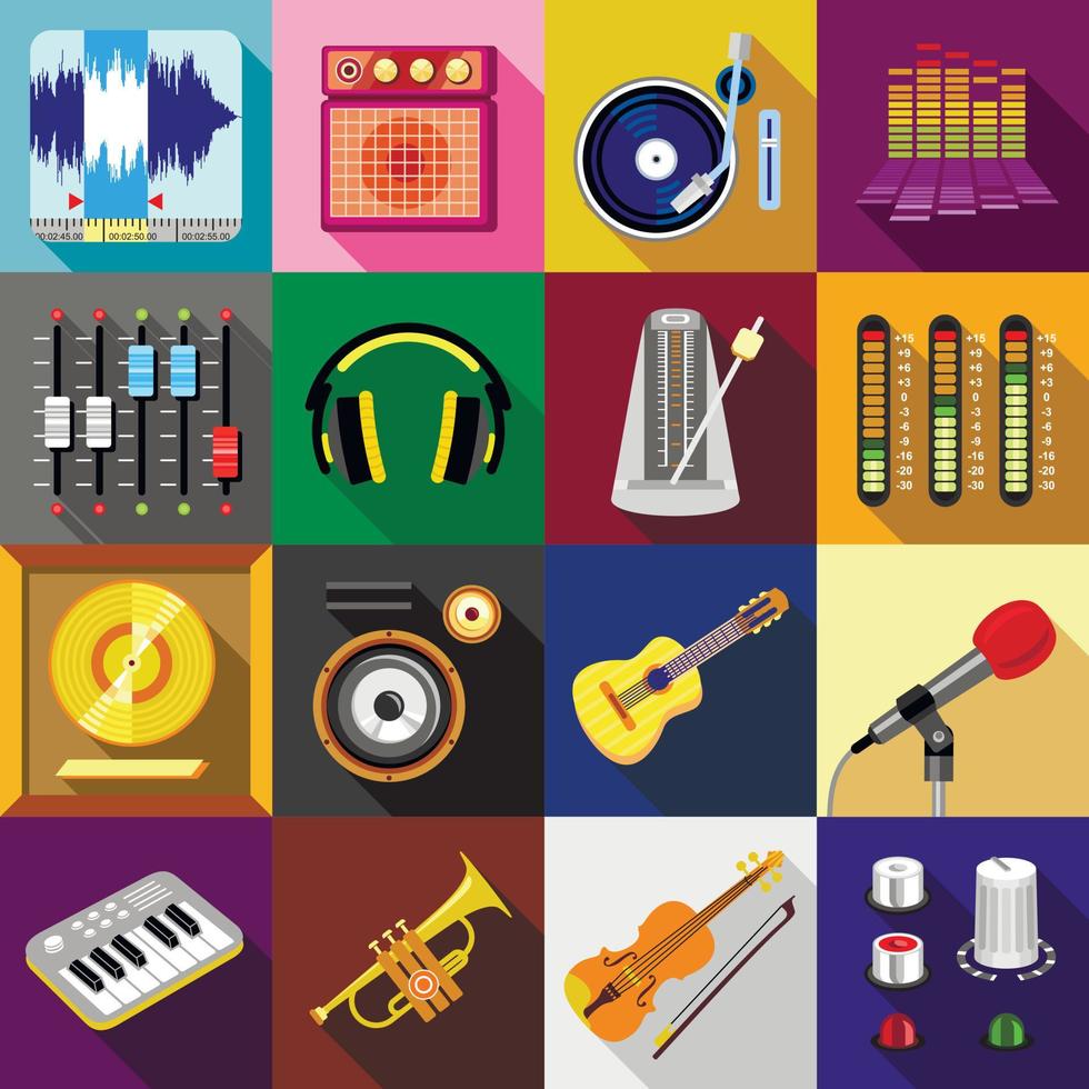 Recording studio symbols icons set, flat style vector