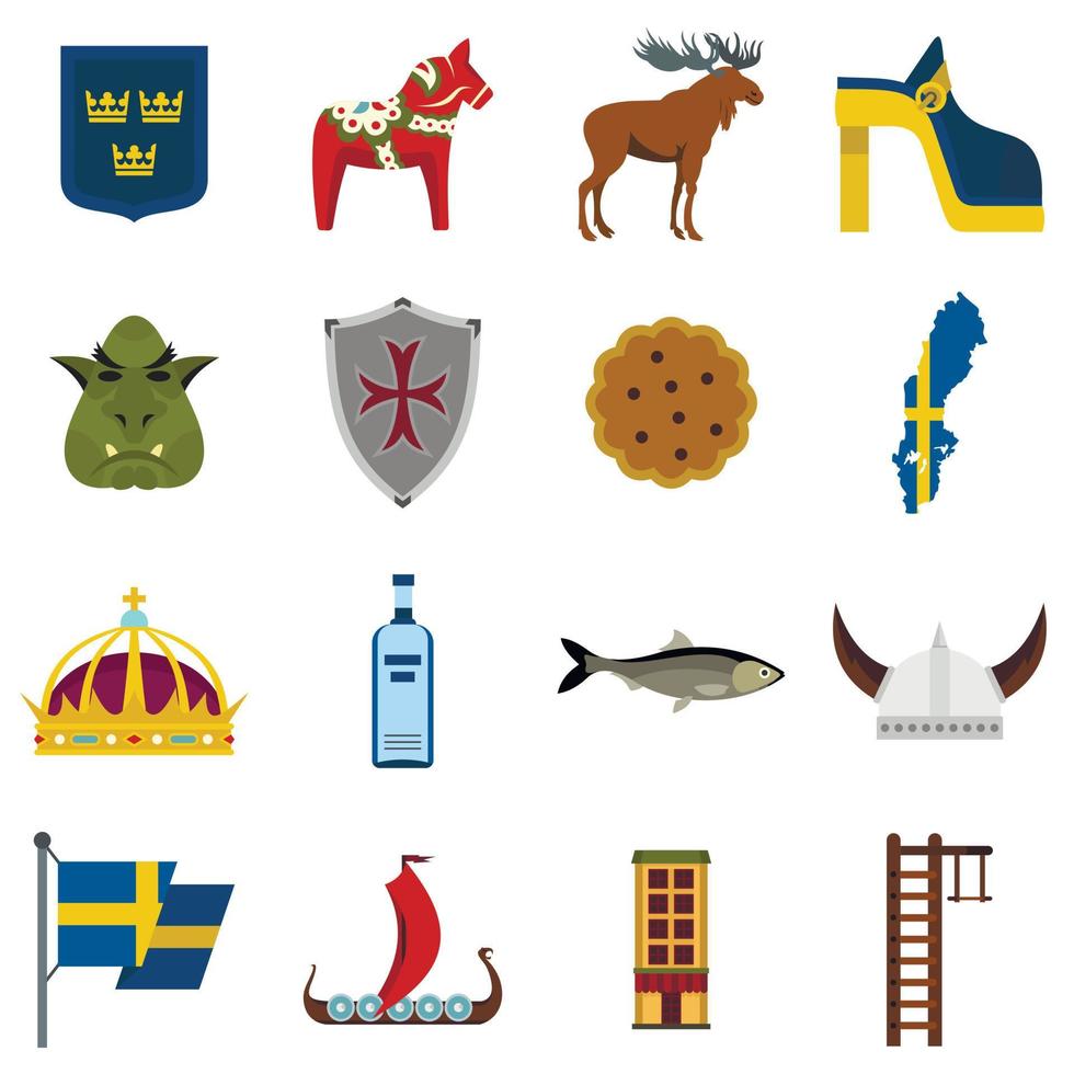 suecia, viaje, conjunto, plano, iconos vector