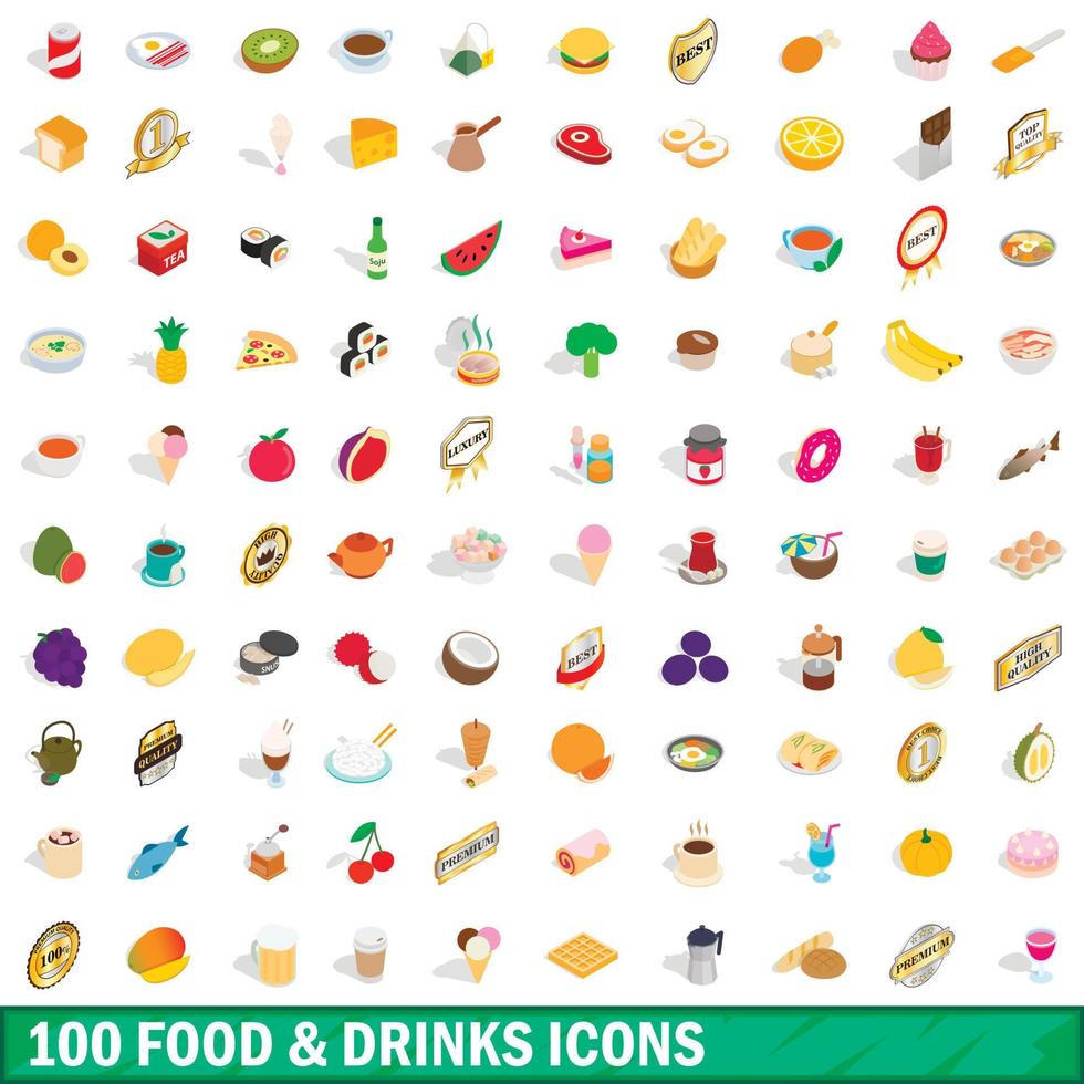 100 food and drinks icons set, isometric 3d style vector