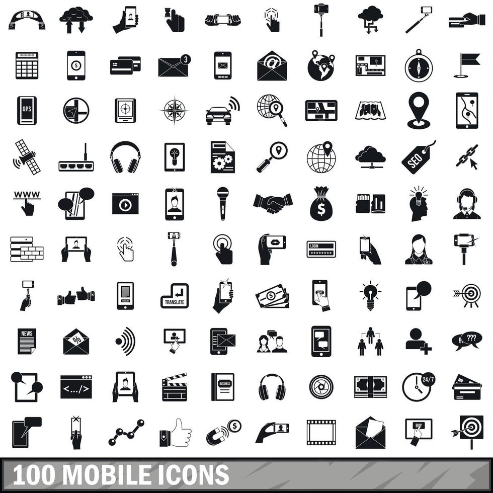 100 mobile icons set, simple style vector