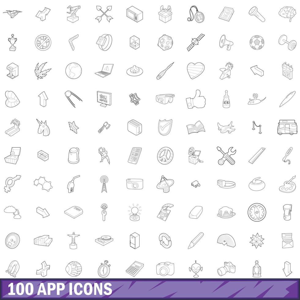 100 app icons set, outline style vector