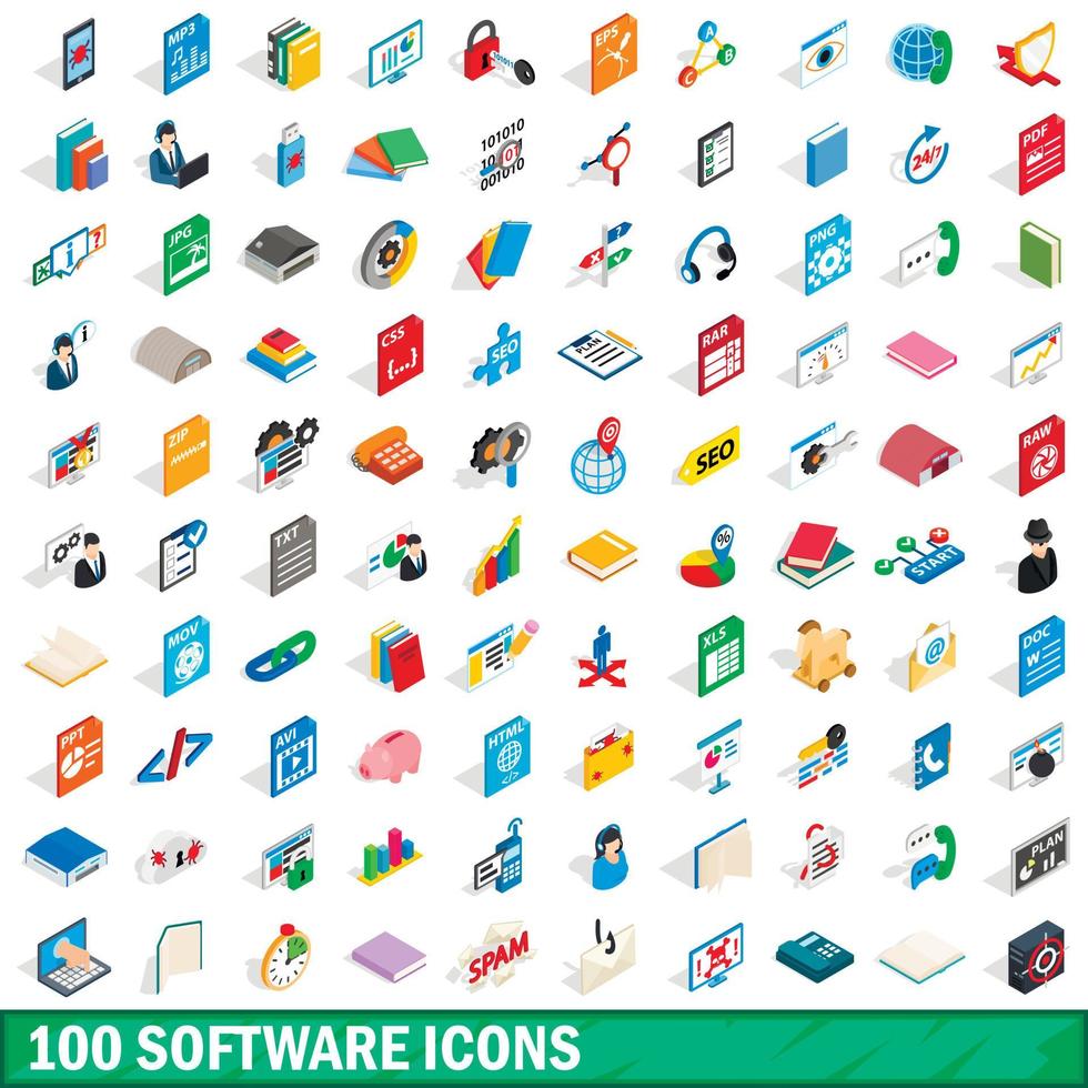 100 software icons set, isometric 3d style vector