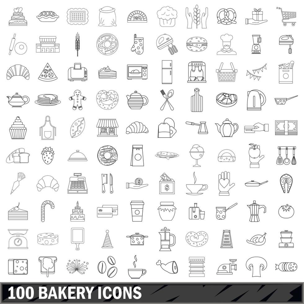 100 iconos de panadería, estilo de esquema vector