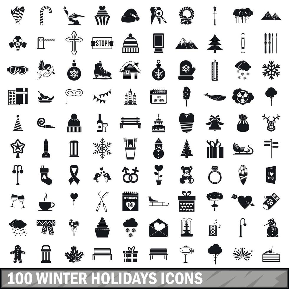 100 winter holidays icons set, simple style vector