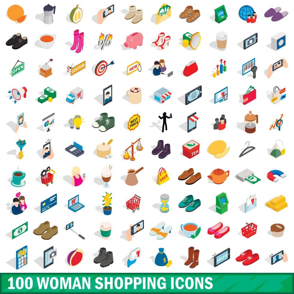 100 woman shopping icons set, isometric 3d style vector