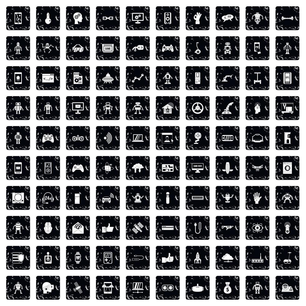 100 robot icons set, grunge style vector