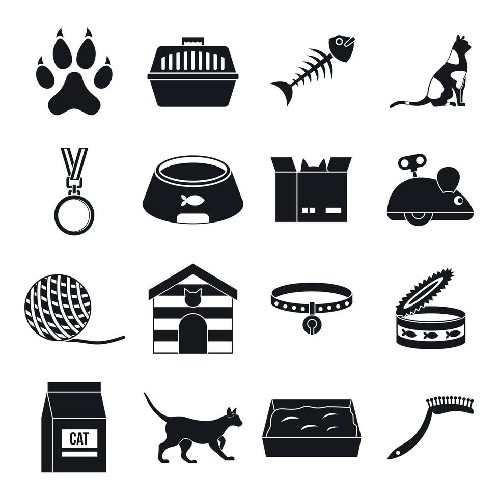 conjunto de iconos de herramientas de cuidado de gatos, estilo simple vector