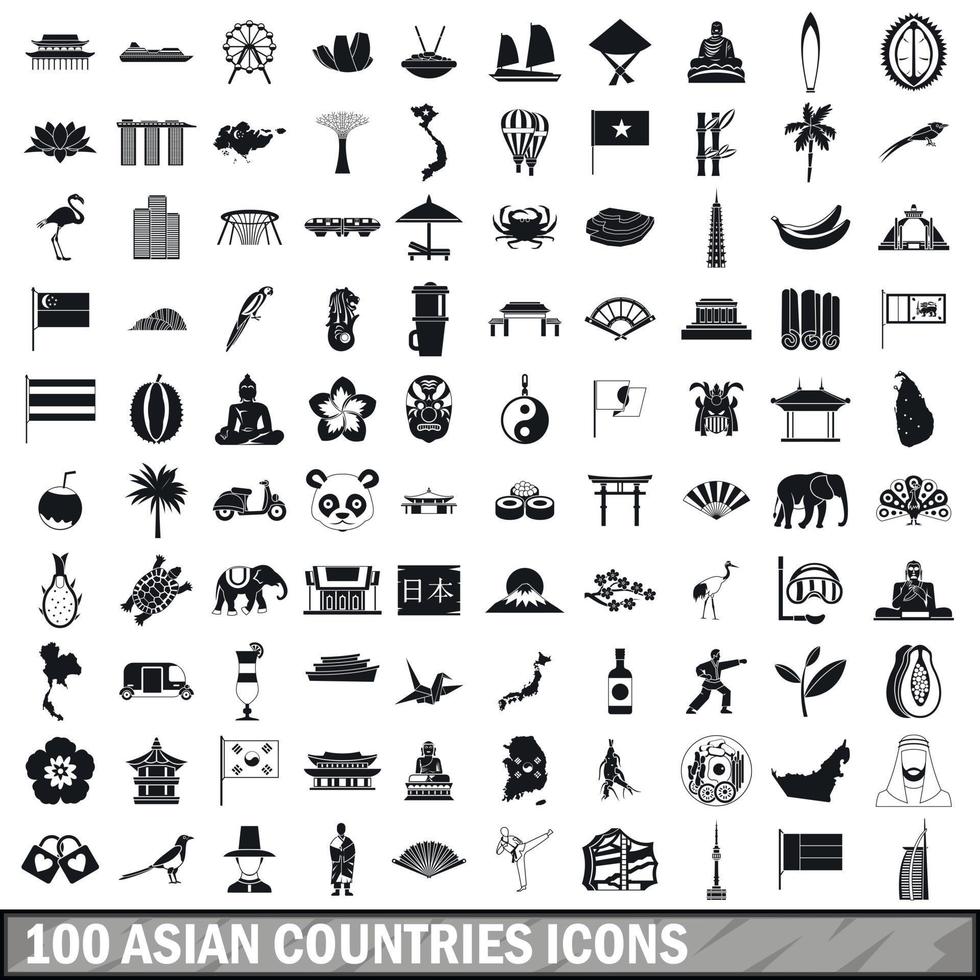 100 asian icons set in simple style vector