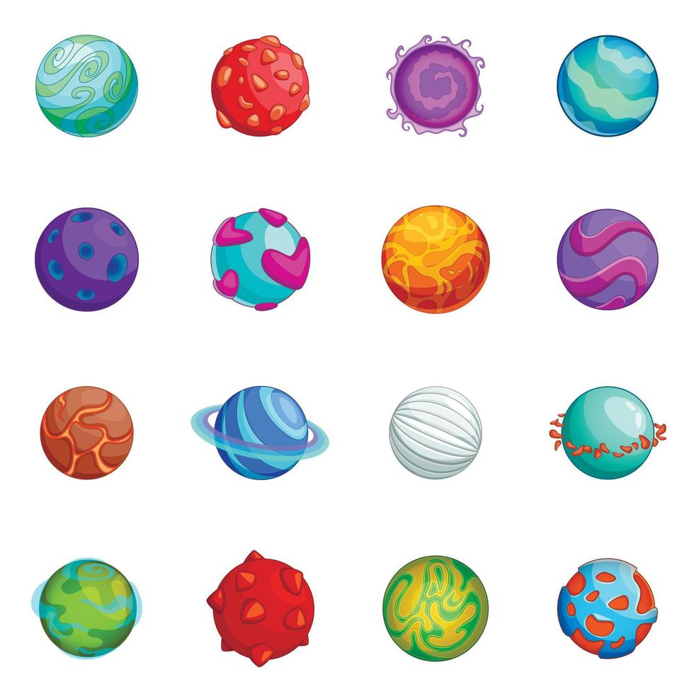 Conjunto de iconos de planetas fantásticos, estilo de dibujos animados vector