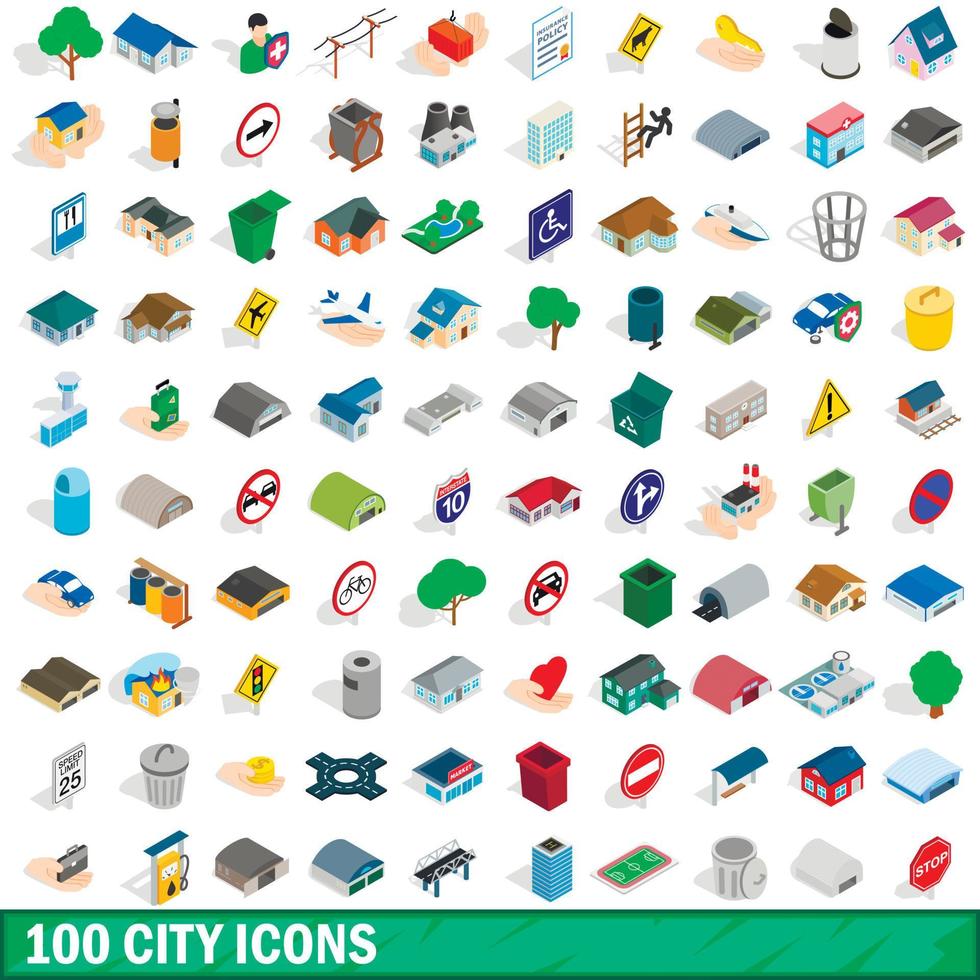 100 city icons set, isometric 3d style vector