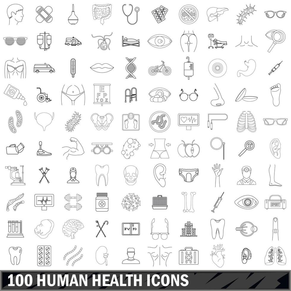 100 human health icons set, outline style vector