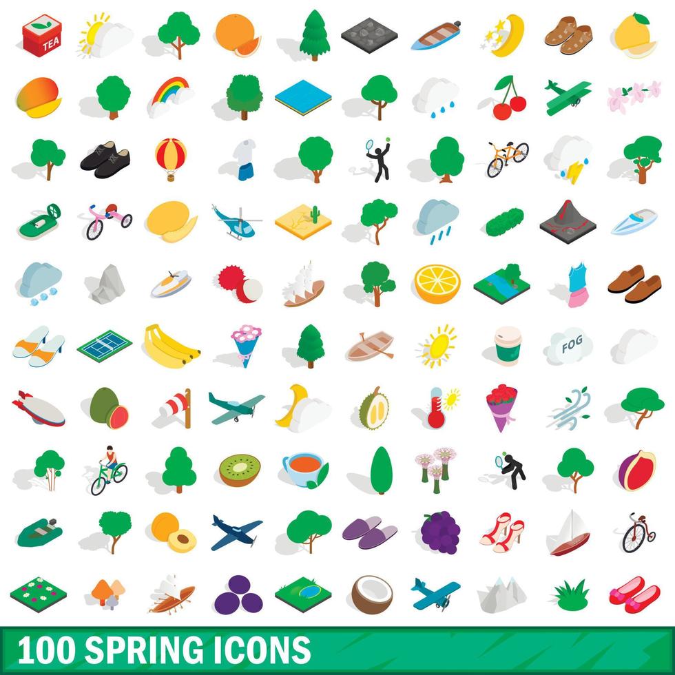 100 spring icons set, isometric 3d style vector
