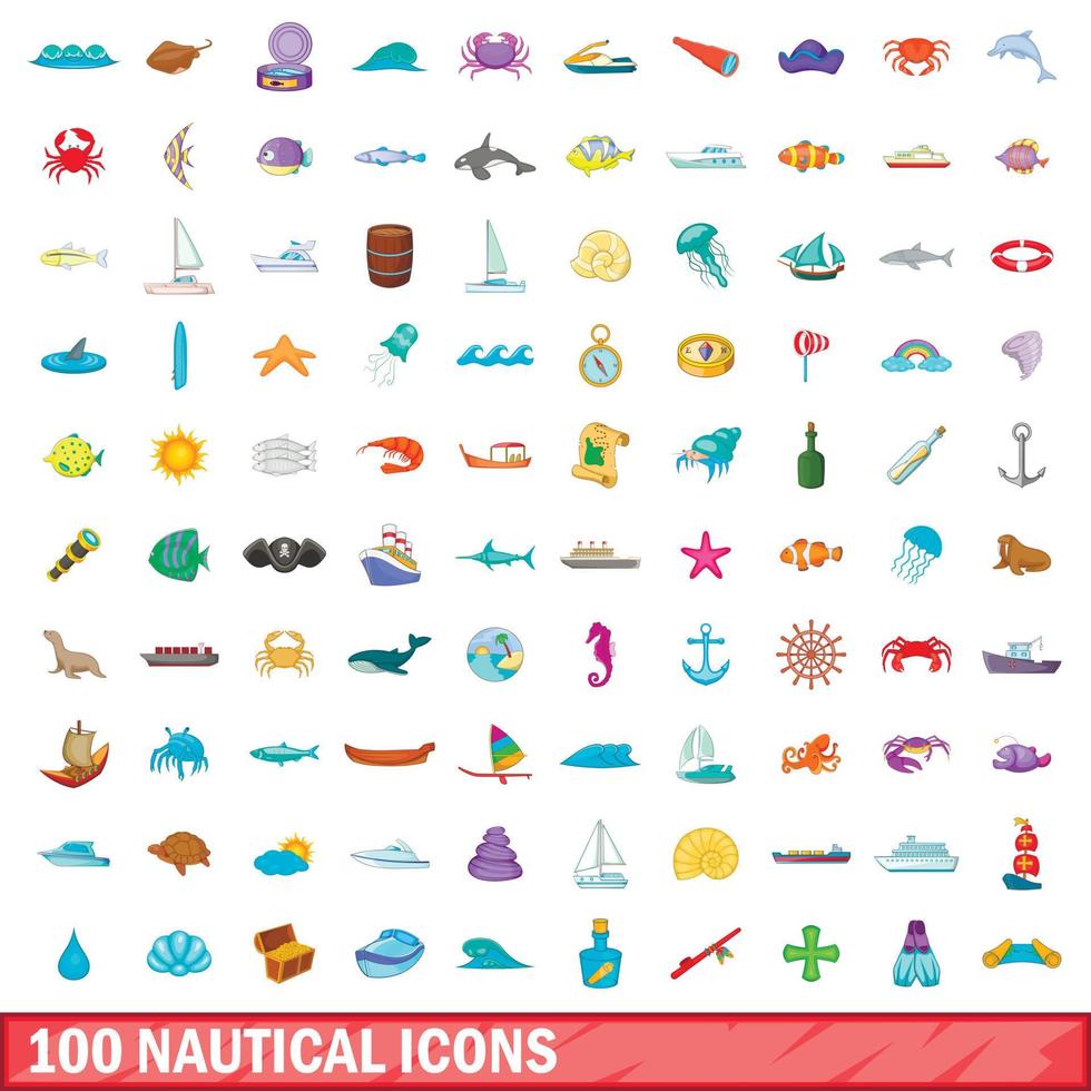 100 nautical icons set, cartoon style vector