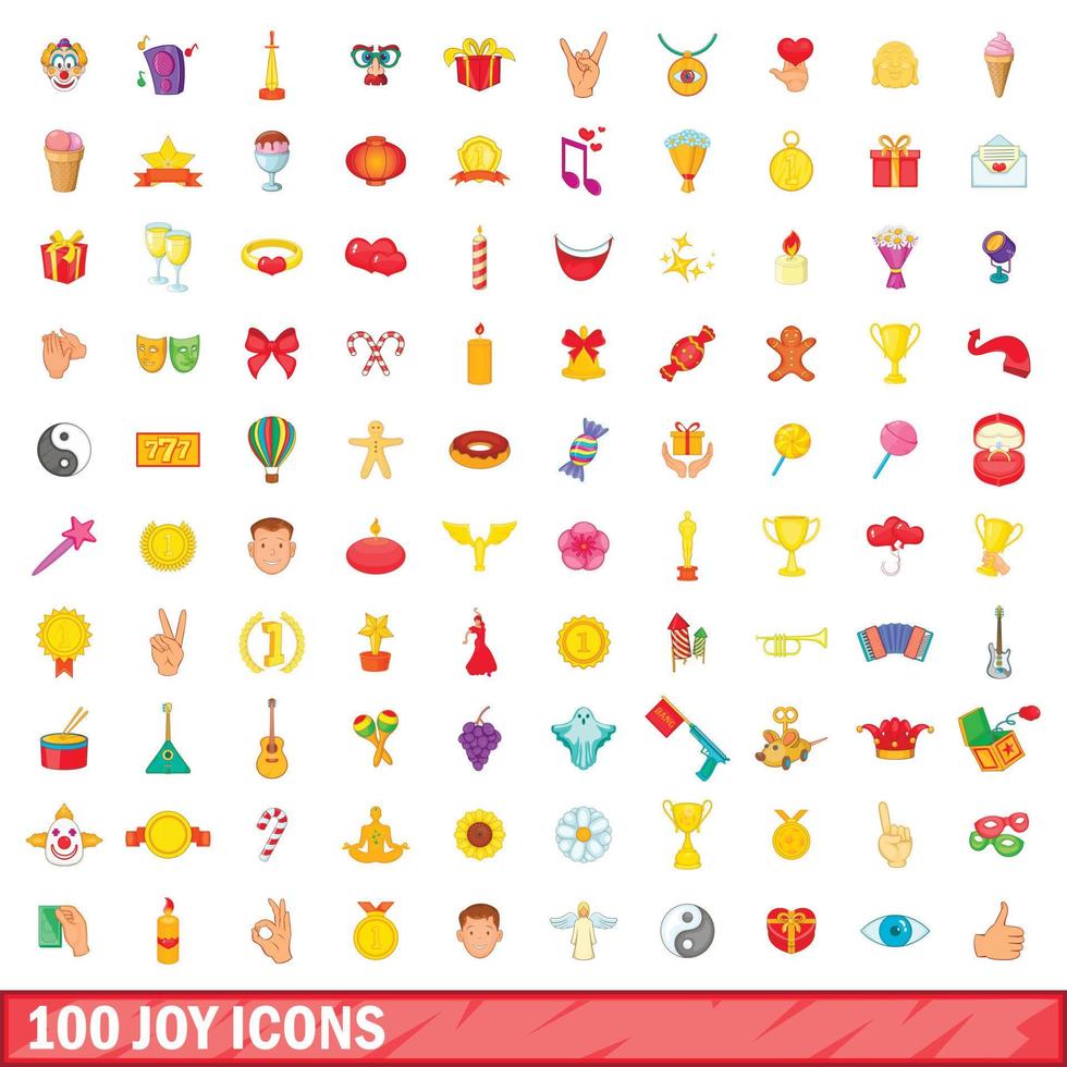 100 iconos de alegría, estilo de dibujos animados vector