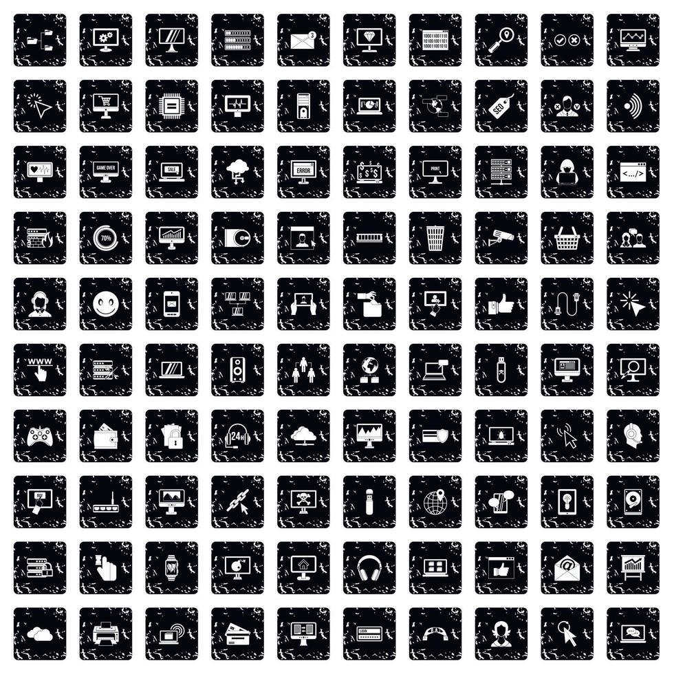 100 internet icons set, grunge style vector