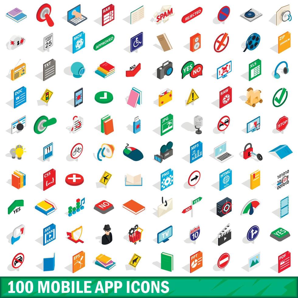 100 mobile app icons set, isometric 3d style vector