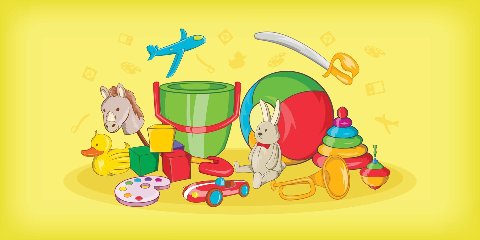 Kids toys horizontal banner, cartoon style vector