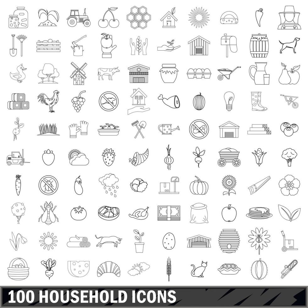 100 household icons set, outline style vector