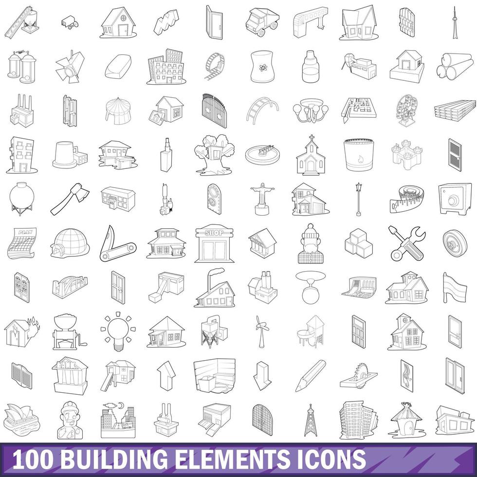 100 building element icons set, outline style vector